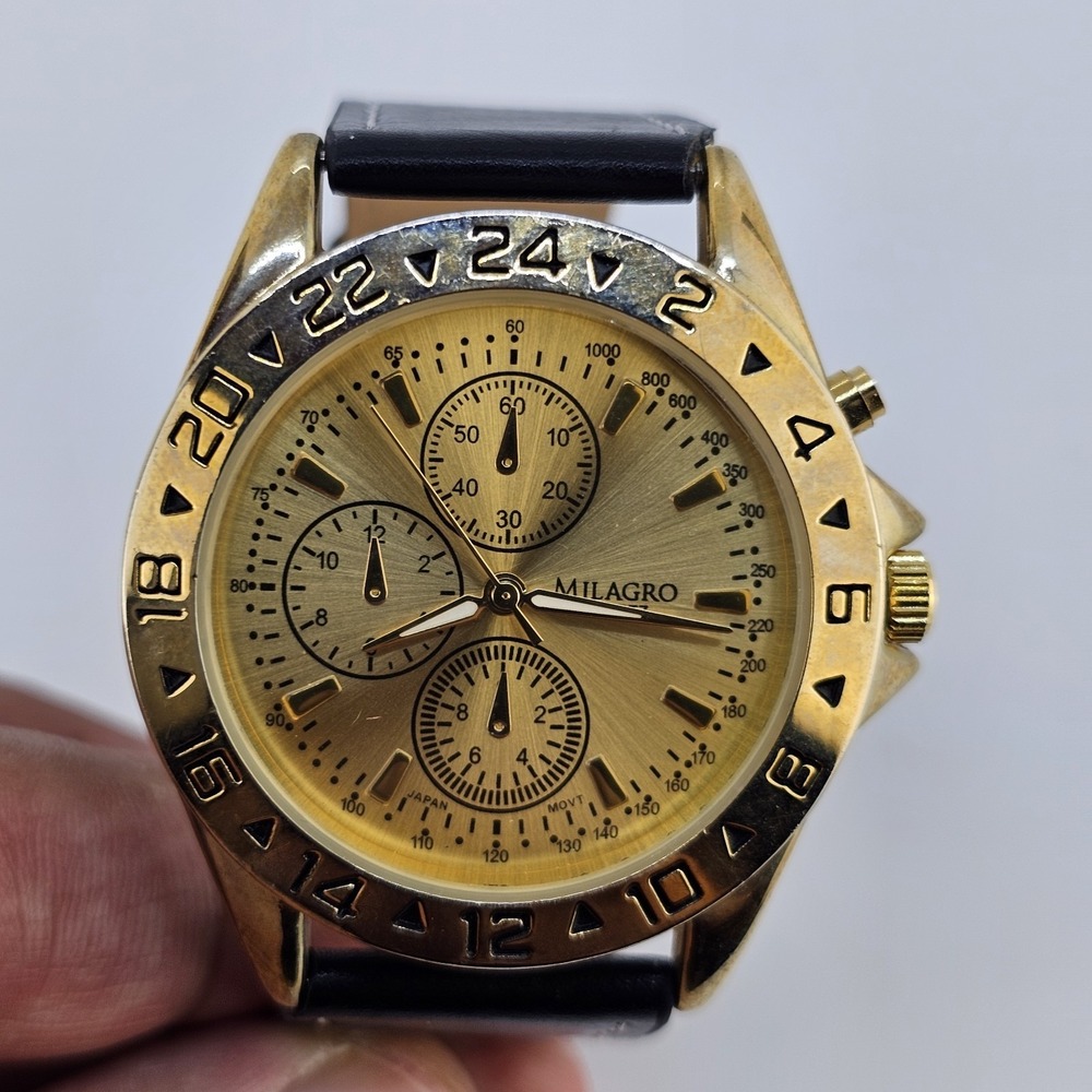 Men's Analog Watch 40MM Gold Dial Black Faux Leather Bands New Battery READ